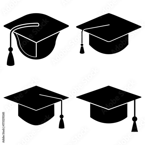 Four graduation caps in black silhouette representing academic achievement and educational milestones icon set