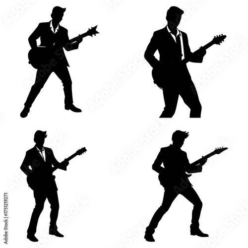 Silhouettes of musicians in suits playing electric guitars in various poses on a white background illustration