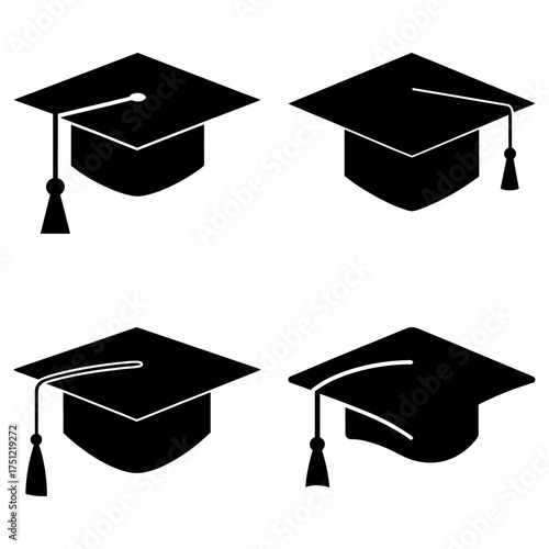 Four black graduation caps with tassels arranged on a white background in a square format illustration