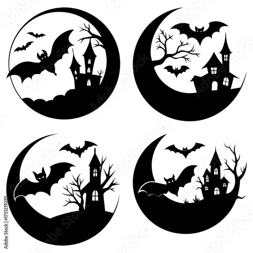 Collection of halloween themed designs featuring bats, haunted houses, and crescent moon silhouettes