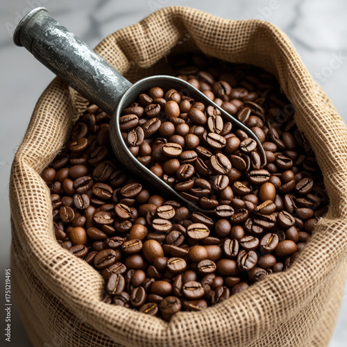 A burlap sack full of coffee beans with a metal scoop, creating a rustic look.
