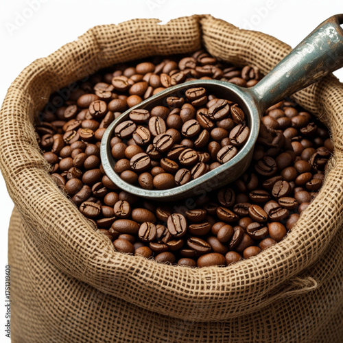 A burlap sack full of coffee beans with a metal scoop, creating a rustic look.
