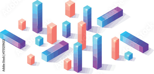 Isometric Arrangement of Colorful Rectangular Prisms and Cubes on White Background