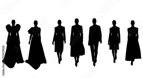 Elegant silhouettes of diverse female models showcasing avant garde fashion on a white background during a runway show