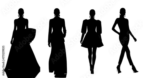 Four elegant female fashion silhouettes in various designer dresses showcasing runway style and haute couture on a white background