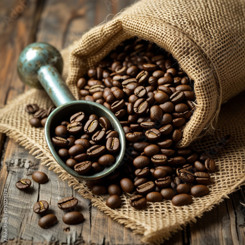 A burlap sack full of coffee beans with a metal scoop, creating a rustic look.
