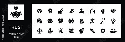 trust flat icons set, featuring responsibility, reliable, comitment, unity, trust, consistency, friend, trusted, truth, loyalty, belief, swea, editable flat. vector illustration