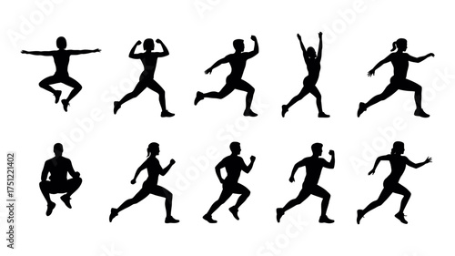 Vector art of silhouette of people running and jumping set of black silhouettes of athletes in different poses, vector illustration