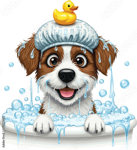 Cute Cartoon Puppy Dog Taking a Bubble Bath with Rubber Duck