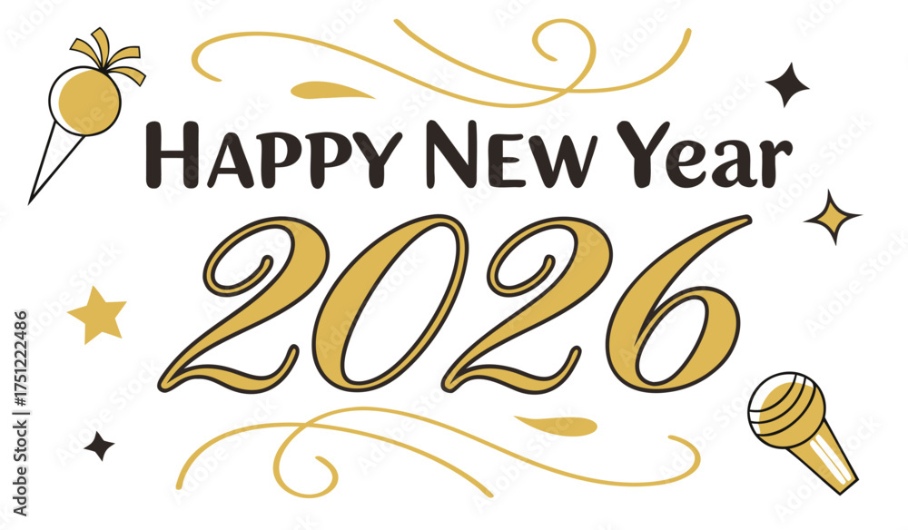 Fototapeta premium Celebrate Happy New Year 2026 with Festive Swirls, Party Horns, and Sparkling Stars for a Joyful Holiday Season