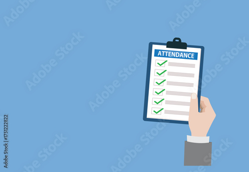 attendance clipboard with checklist. Questionnaire, survey, clipboard, task list. Flat design
