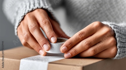 Close-up of hands wrapping a gift with adhesive tape