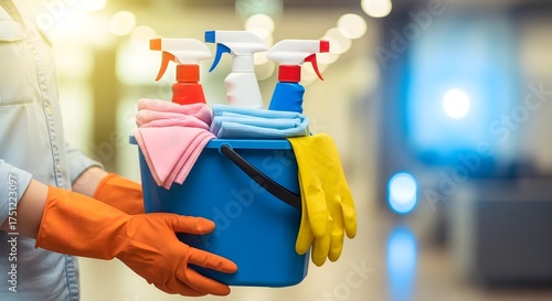 Hands in Gloves Holding a Bucket of Cleaning Sprays
