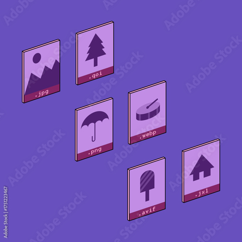 Isometric 2D flat illustration representing image file types such as JPG, PNG, WEBP, AVIF, QOI and JXL.