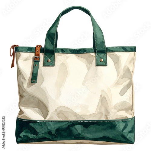 Artistic watercolor painting of a canvas tote bag with green accents and leather details