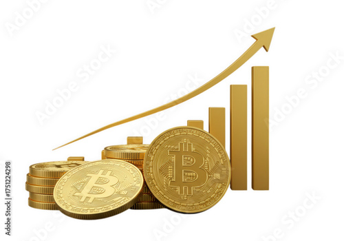 This image showcases Bitcoin coins alongside an upward-trending arrow and bar graph, symbolizing financial growth. The composition is set against a clean white background.