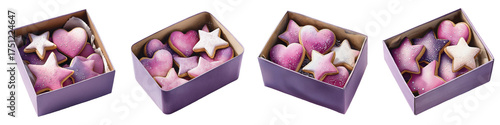 Lavender cookie box with white sugar cookies shaped like stars and hearts, watercolor festive sweets illustration
