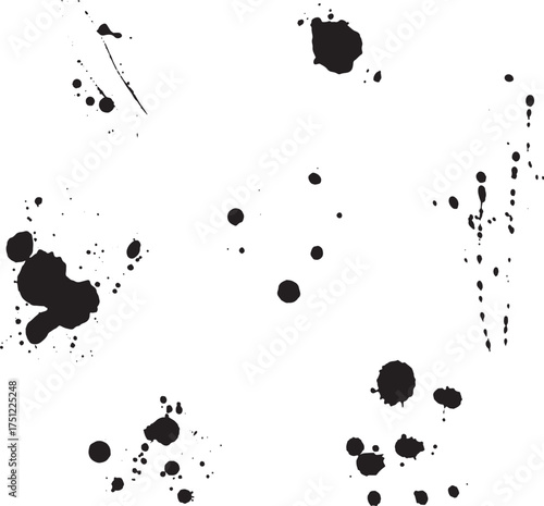 Abstract collection of dark ink spots creates an expressive splattered effect across a white canvas