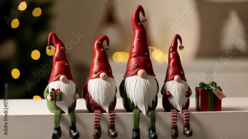 Four christmas gnomes with gifts on a shelf