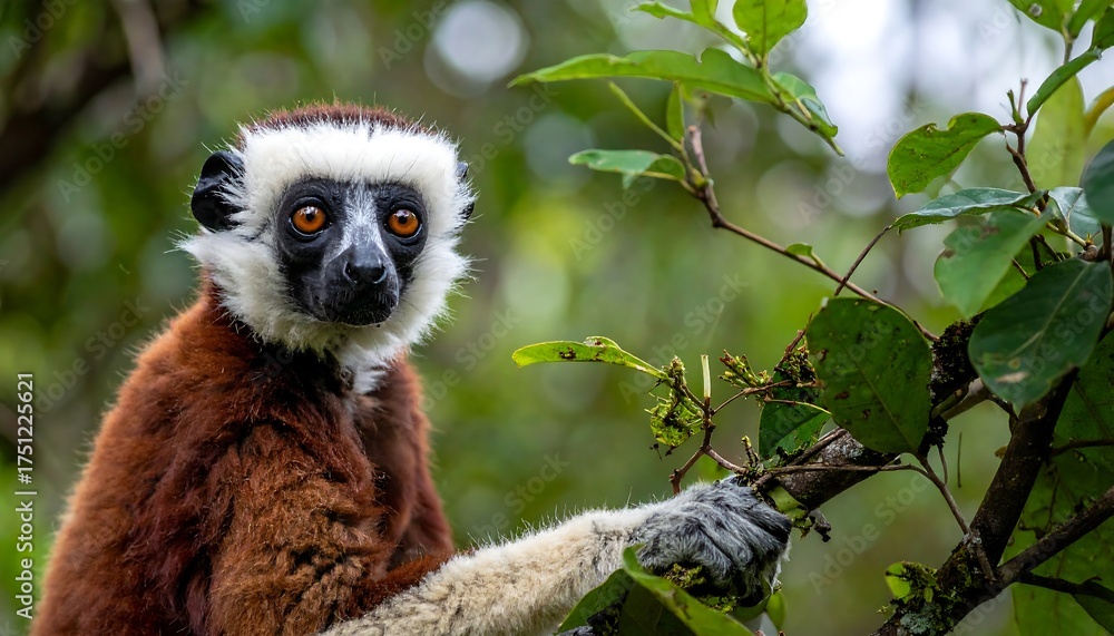 Fototapeta premium A curious primate with distinctive markings gazes directly at the viewer, perched amongst lush green foliage with vibrant, attentive eyes