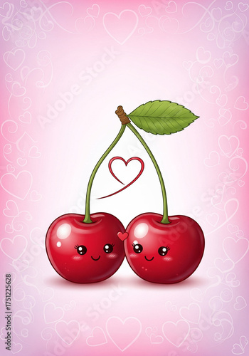 Cute Cherry Couple Illustration with Heart Elements