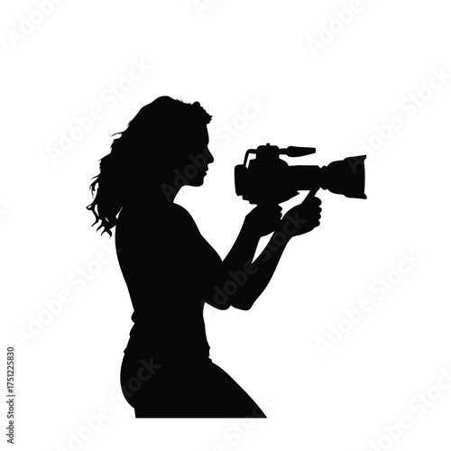 Silhouette of a female videographer operating a professional video camera skillfully, woman filming with camera silhouette vector illustration