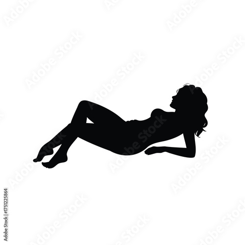Silhouette of a reclining woman with long flowing hair on white background, woman lying down silhouette vector illustration