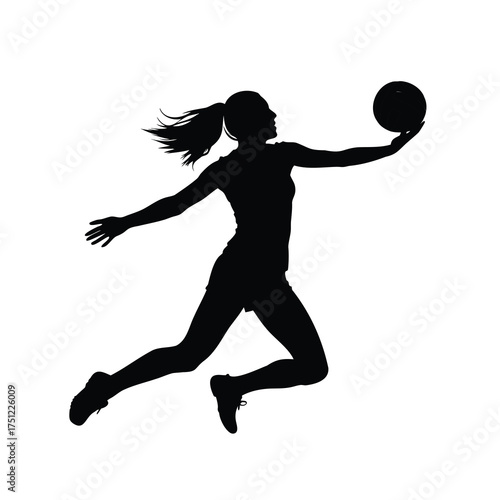 Volleyball athlete jumping and preparing to hit the ball in silhouette, woman playing volleyball silhouette vector illustration