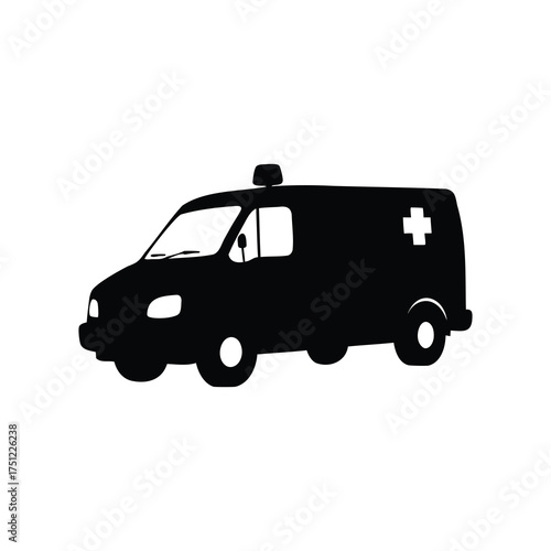 Black and white silhouette of a modern emergency medical service ambulance vehicle, ambulance silhouette vector illustration