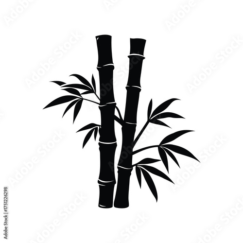 Monochrome depiction of bamboo stalks with leaves on a plain white background, bamboo stalk silhouette vector illustration