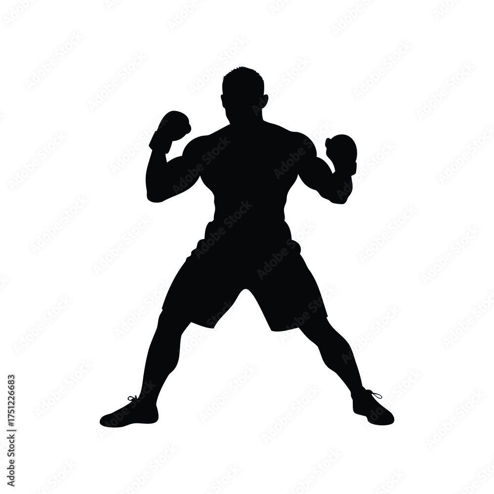 Fototapeta premium Silhouette of a muscular boxer in fighting stance on a white background, boxer in guard stance silhouette vector illustration