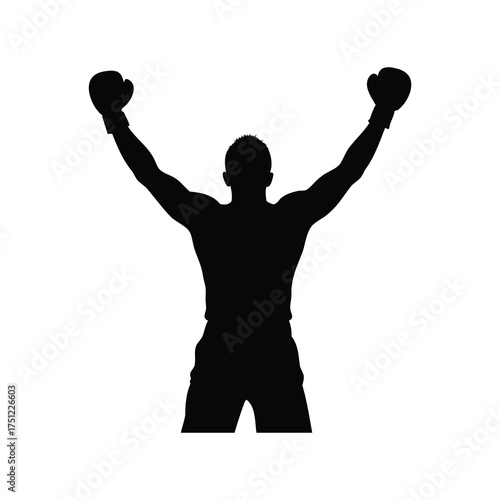 Silhouette of a victorious boxer with arms raised, against a white background, boxer celebrating victory silhouette vector illustration