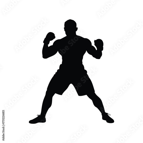 Silhouette of a muscular boxer in fighting stance on a white background, boxer in guard stance silhouette vector illustration