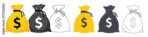 Vector art of collection of money bag icons set of gold, black, and white money bag symbols for finance, wealth, and investment concepts transparent background