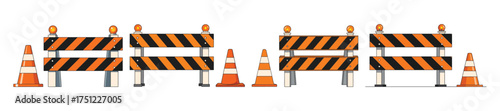 Vector art of road construction barriers and traffic cones, symbolizing safety, caution, and temporary detours in infrastructure projects transparent background