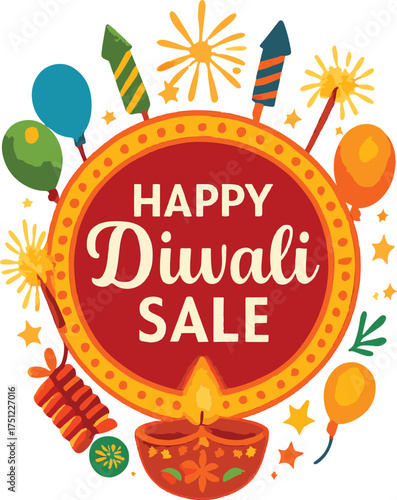 Circular Diwali Sale Label with Firecrackers