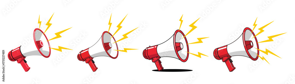 Naklejka premium Vector art of set of megaphone illustrations with sound waves, , representing announcement, promotion, communication, and marketing in a vibrant and dynamic design transparent background