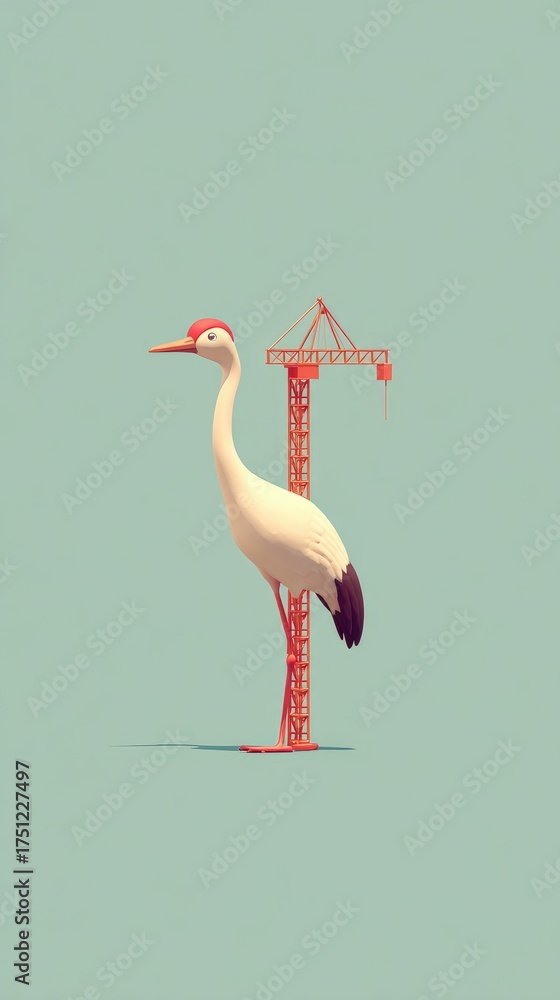 Fototapeta premium Crane and Construction Crane on a Light Green Background.