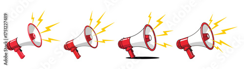 Vector art of set of megaphone illustrations with sound waves, , representing announcement, promotion, communication, and marketing in a vibrant and dynamic design transparent background