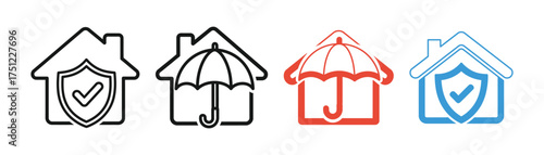 Vector art of set of home insurance icons, featuring a house with a shield and checkmark, and a house with an umbrella, symbolizing protection and coverage transparent background