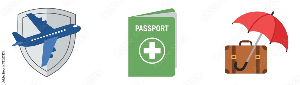Fototapeta premium Vector art of travel insurance concept airplane on shield, passport with medical cross, suitcase under umbrella holiday safety and protection transparent background