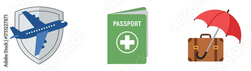 Vector art of travel insurance concept airplane on shield, passport with medical cross, suitcase under umbrella holiday safety and protection transparent background