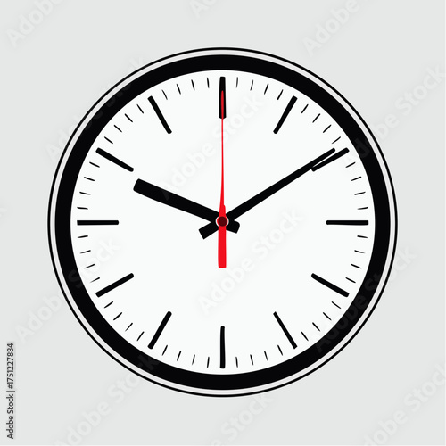 A close-up view of a classic analog wall clock with black hour and minute hands and a red second hand.