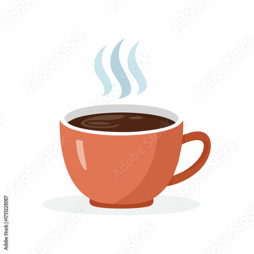 A simple flat vector illustration of a steaming hot cup of coffee in an orange mug, isolated on a white background.