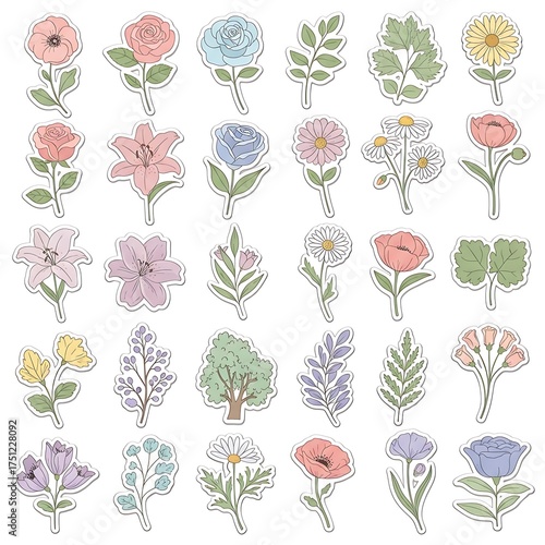 Watercolor Floral Sticker Set - Delicate Botanical Illustrations for Creative Projects.