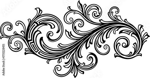 Elegant black and white flourish design adds sophisticated decorative accent to any professional project, enhancing visual appeal with timeless style and ornate detail.