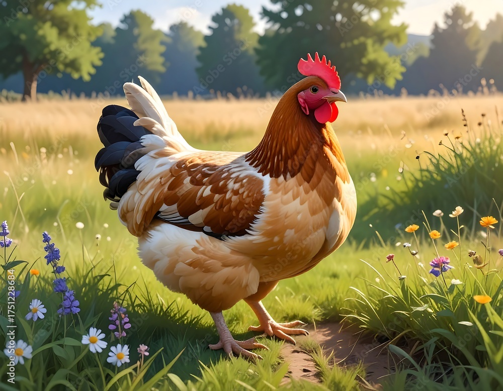 Fototapeta premium A detailed painting of a chicken amidst a colorful field with wildflowers. Lush trees and bright sunlight create a vibrant countryside scene