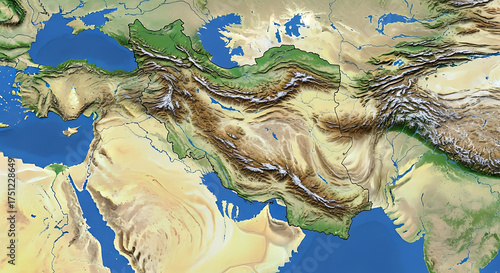 Topographic map of the middle east showing mountains and water bodies