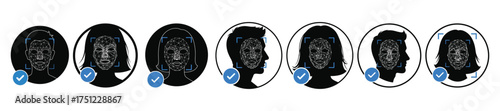Vector art of face recognition concept featuring diverse people icons with facial recognition technology for security, verification, and identification transparent background