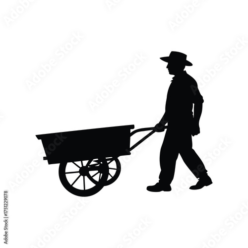 Silhouette of farmer in hat pulling an empty wheelbarrow on white background, farmer with farm cart silhouette vector illustration